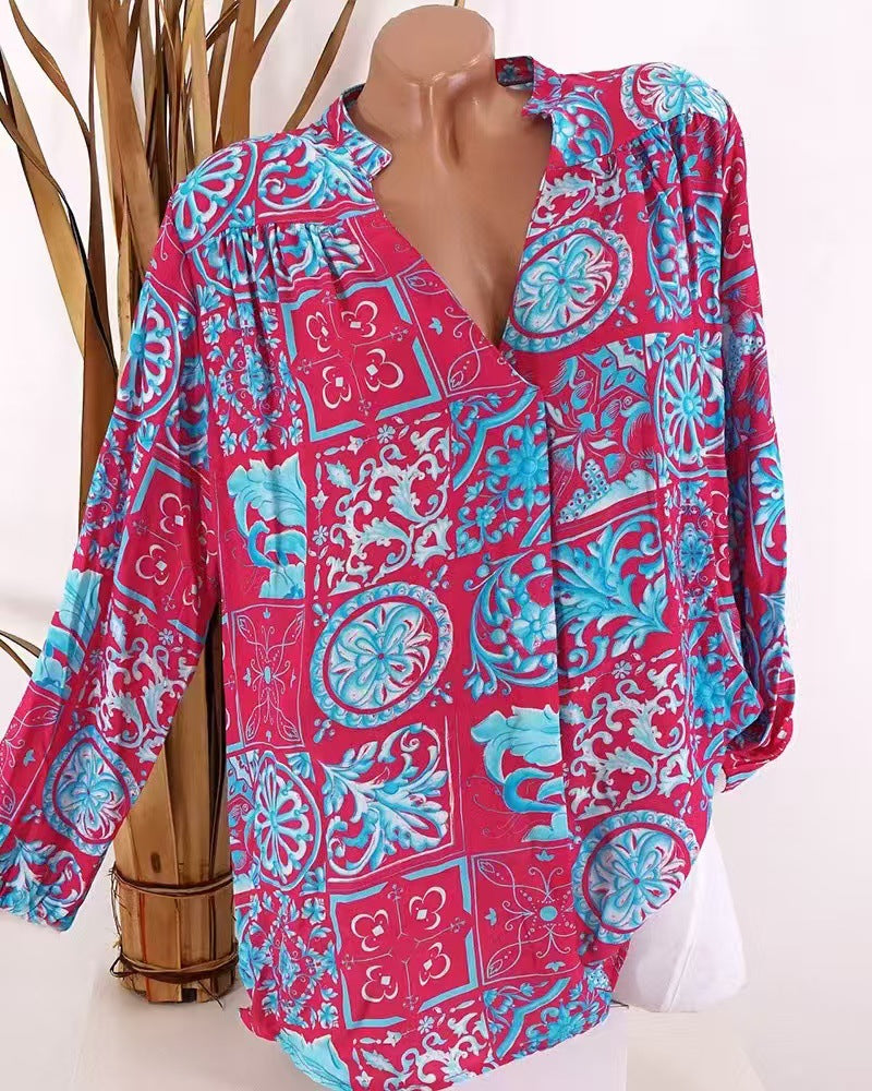 Ladies Viscose Tunic Blouse with V-Neck, Stand Collar and Gathered Shoulders Mune Fashion