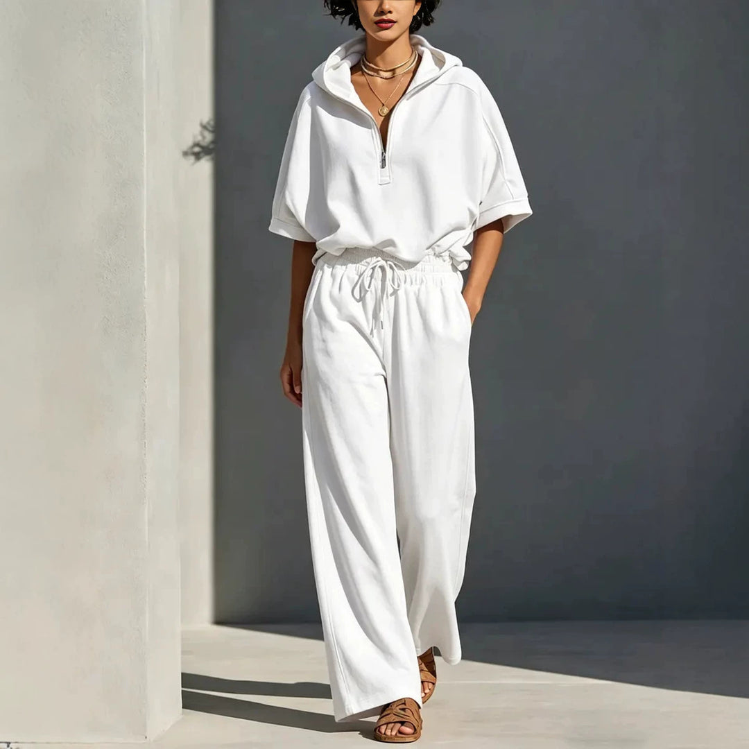 Women's Casual Lounge Set with Half-Zip Hoodie and Wide Palazzo Pants Mune Fashion