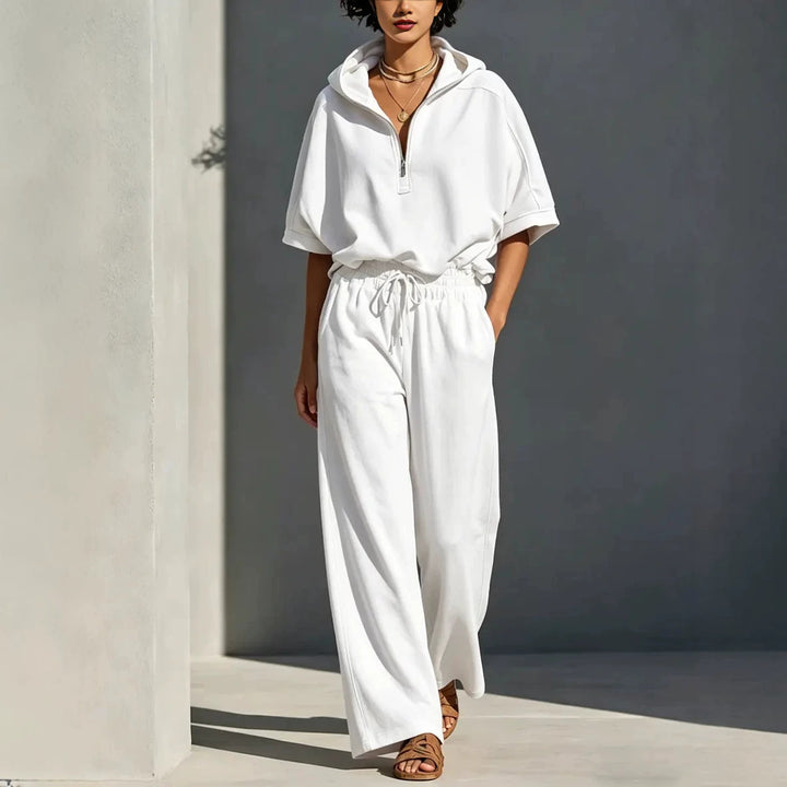 Women's Casual Lounge Set with Half-Zip Hoodie and Wide Palazzo Pants Mune Fashion