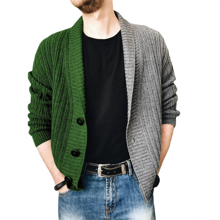 Men's chunky knit cardigan with shawl collar, ribbed texture and distinctive buttons Mune Fashion
