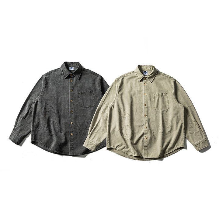 Unisex Oversized Shirt Jacket with Embroidered Leaf Motifs and Rounded Hem Mune Fashion