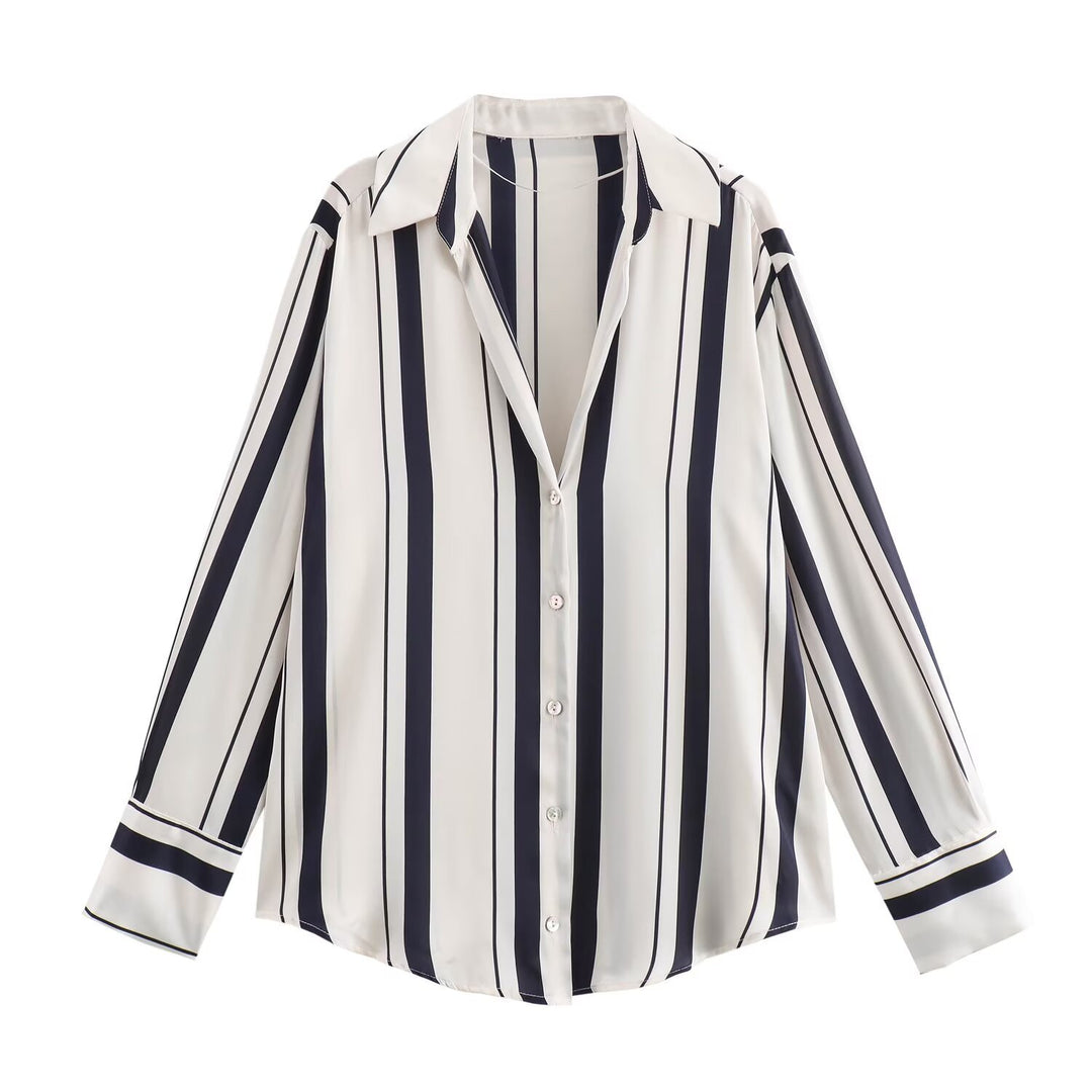 Ladies Oversized Satin Blouse with Shirt Collar and Wide Cuffs Mune Fashion