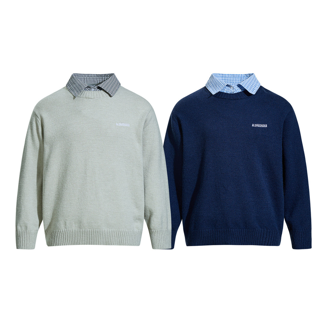 Men's round neck sweater with embroidered logo and layered shirt collar Mune Fashion