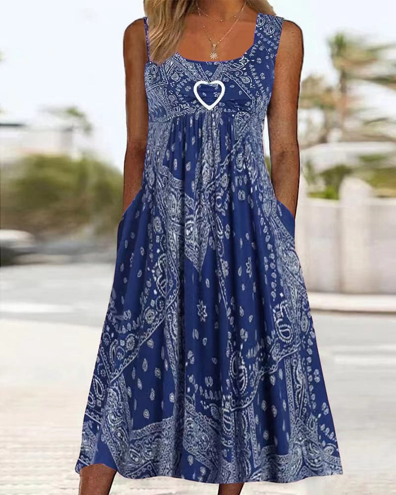 Women's Boho Midi Dress with Paisley Print, Empire Cut and Side Pockets Mune Fashion