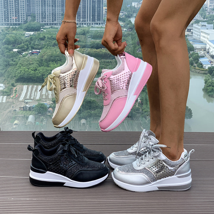 Women stylish wedge sneakers with metallic look large decorative stones and padded comfort footbed Mune Fashion