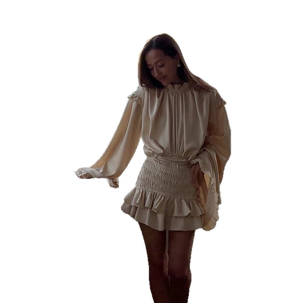 Women Satin Mini Dress with Balloon Sleeves, Ruffles & Ruched Waist Mune Fashion