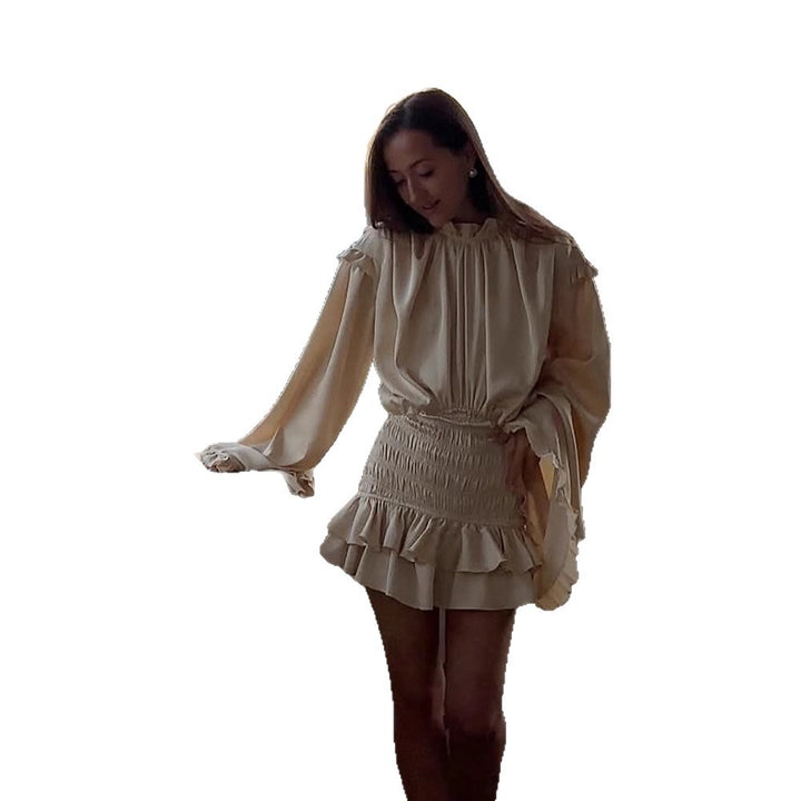 Women Satin Mini Dress with Balloon Sleeves, Ruffles & Ruched Waist Mune Fashion