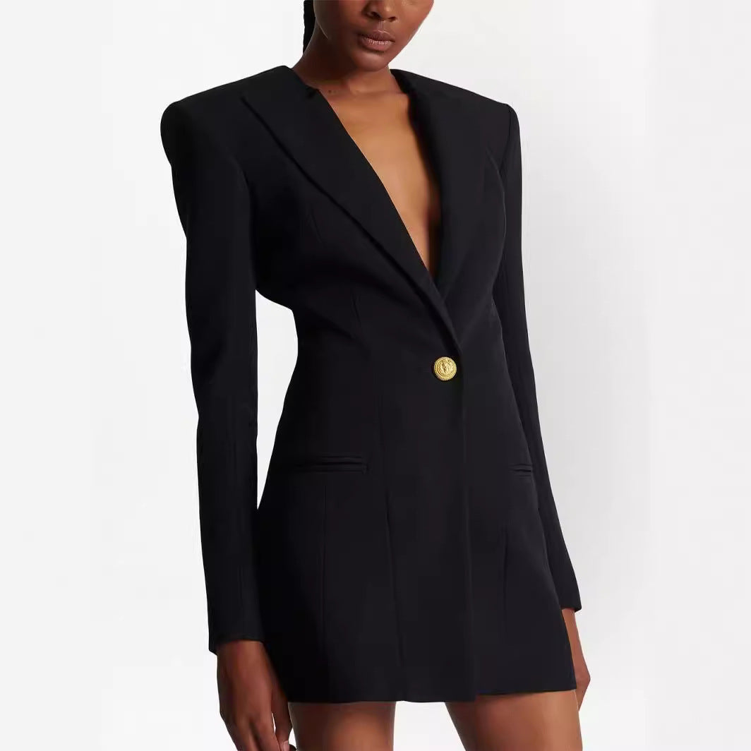Women's short blazer dress in minimalist tailoring with emphasized shoulder and single-button closure Mune Fashion