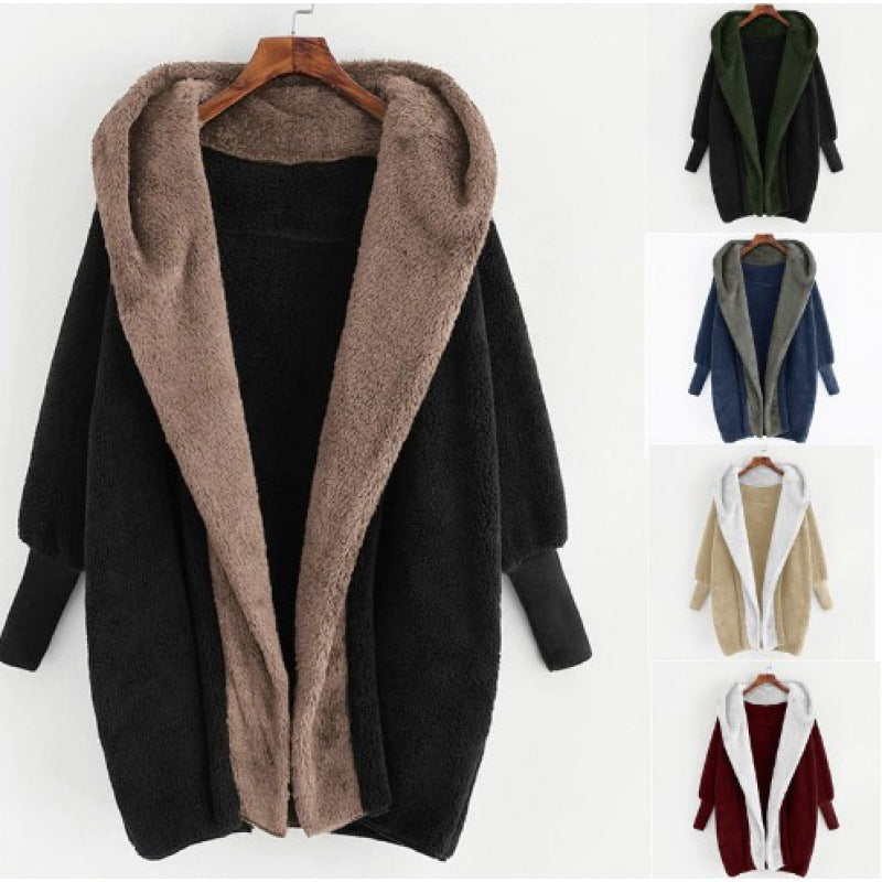 Women's Oversized Faux Fur Hooded Coat with Contrasting Teddy Lining and Ribbed Cuffs Mune Fashion