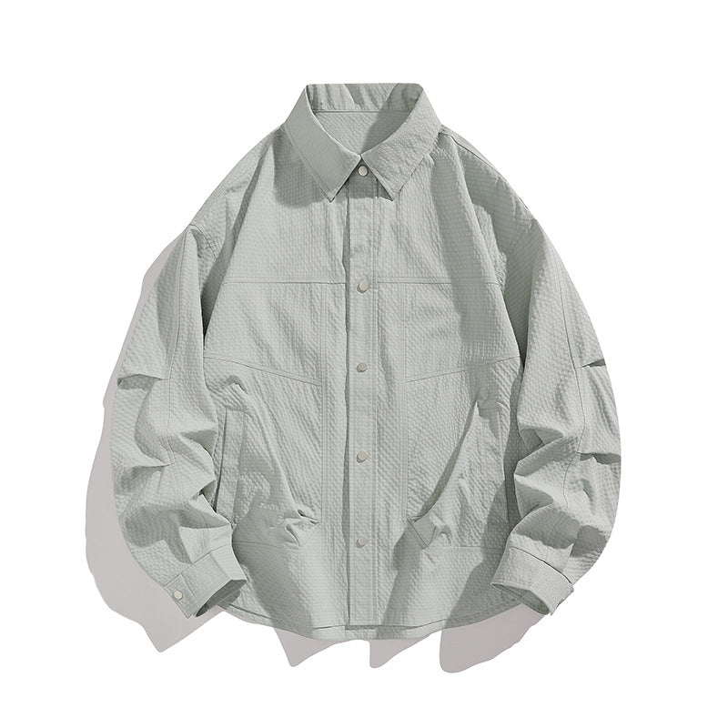Men's Lightweight Oversized Shirt Jacket with Snap Button Placket, Textured Fabric & Patch Pockets Mune Fashion