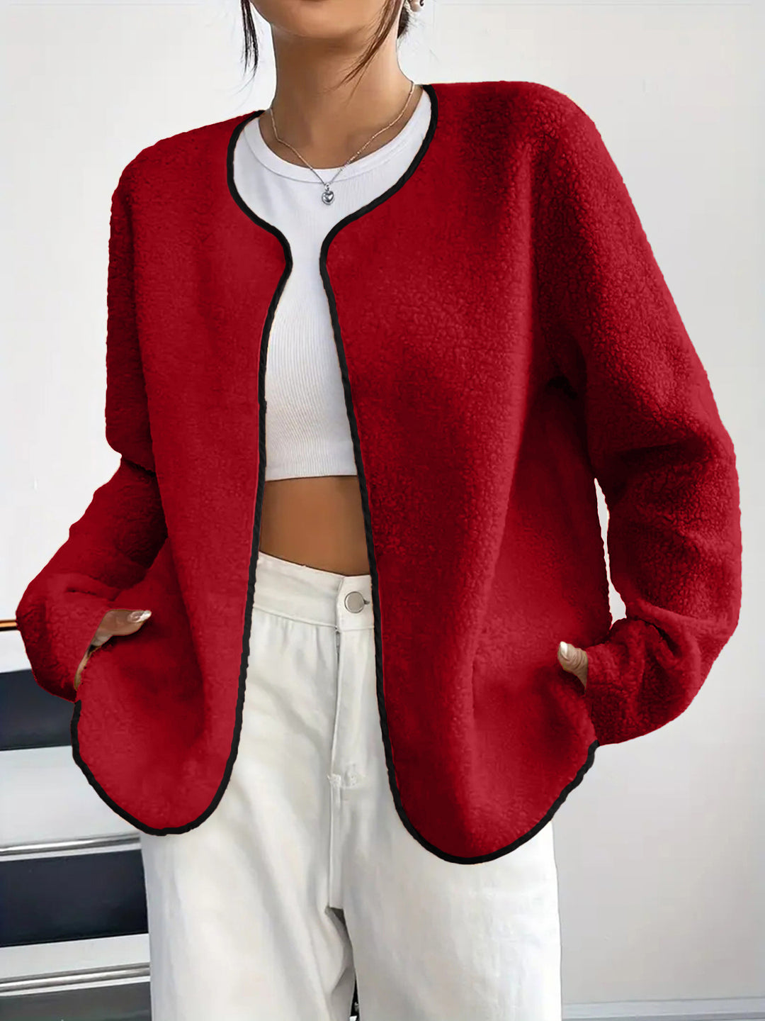 Women's Short Jacket Teddy Fleece Cardigan without Closure with Round Neck Drune