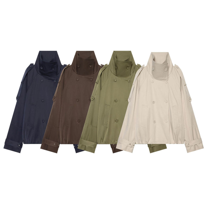 Women's double-breasted cape trench coat with high stand collar and adjustable sleeve tabs Mune Fashion