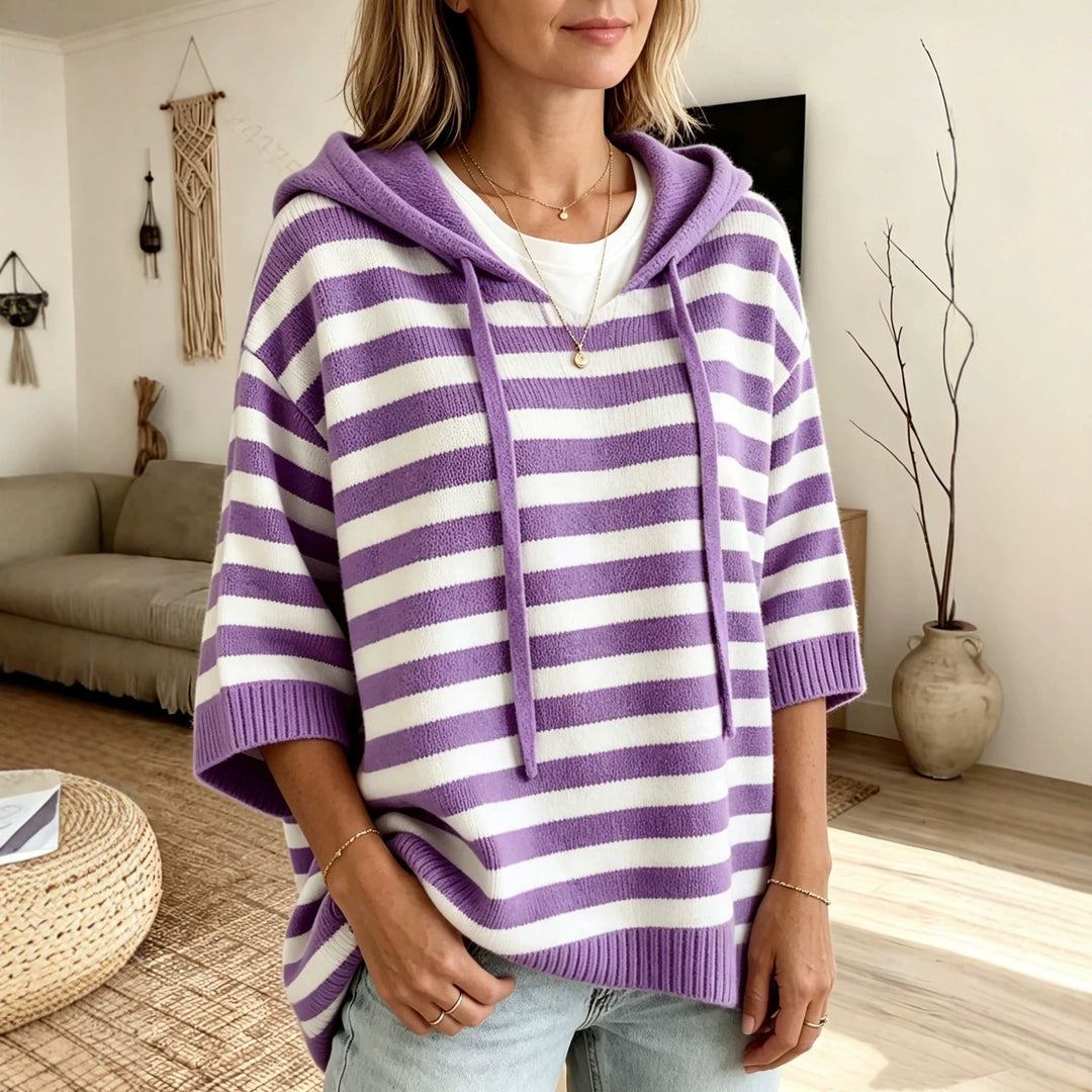 Women Casual Striped Hooded Poncho made of Soft Fine Knit with Half-Length Sleeves Mune Fashion