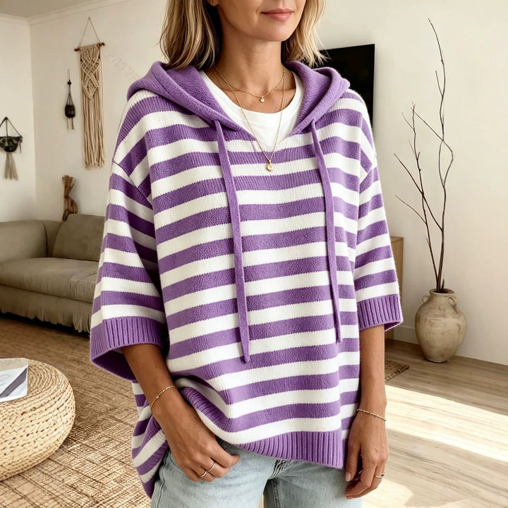 Women Casual Striped Hooded Poncho made of Soft Fine Knit with Half-Length Sleeves Mune Fashion