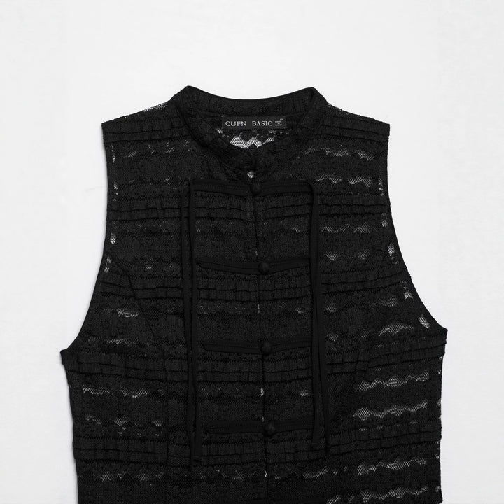 Women's Sleeveless Lace Vest with Stand Collar and Toggle Closures Mune Fashion