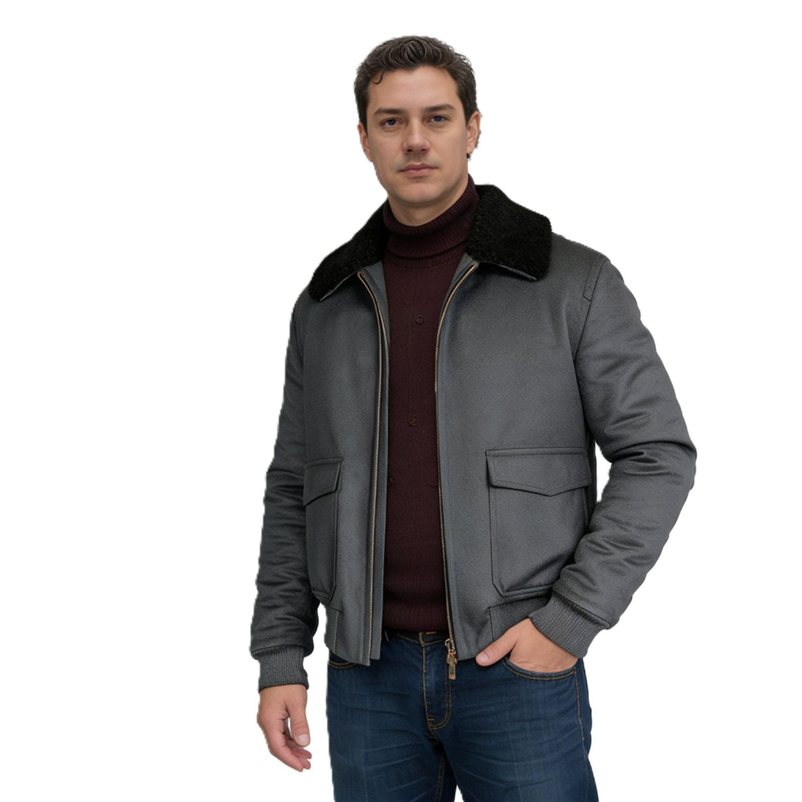 Men's Short Bomber Jacket with Teddy Collar, Cargo Flap Pockets and Zipper Mune Fashion