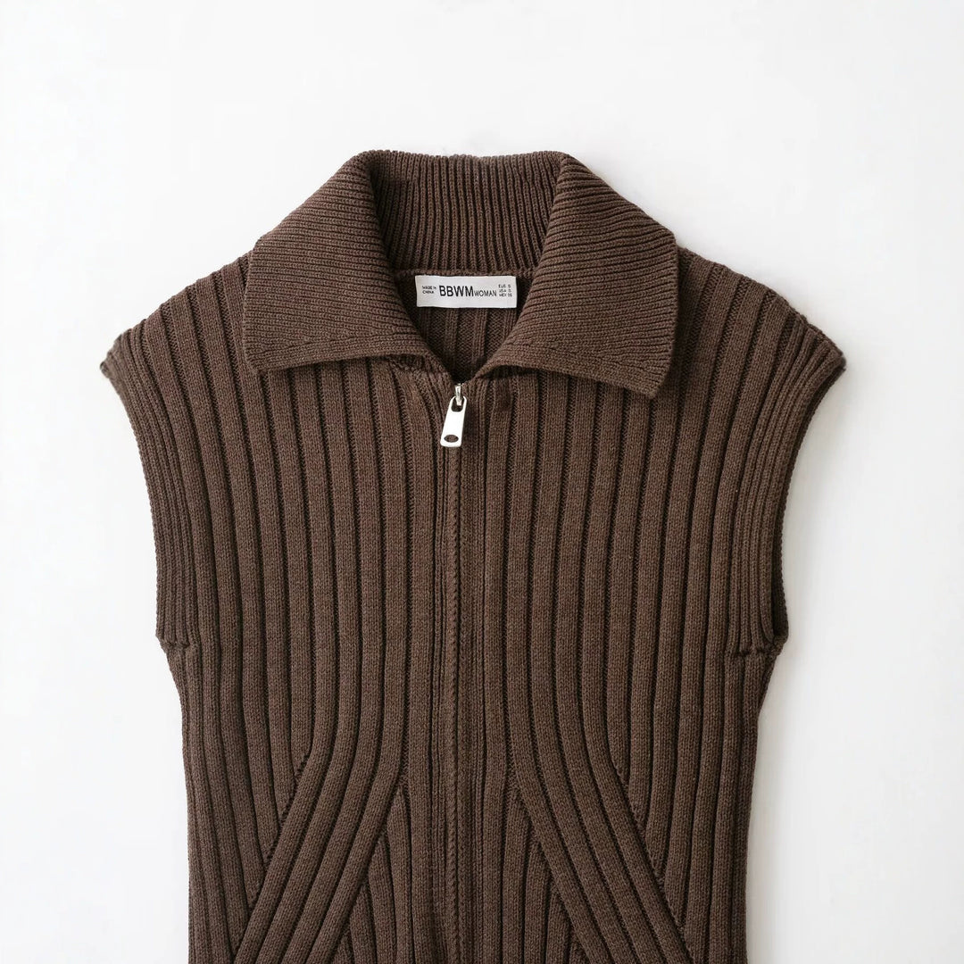 Women's Sleeveless Ribbed Knit Vest with Lapel Collar and Full Zipper Mune Fashion