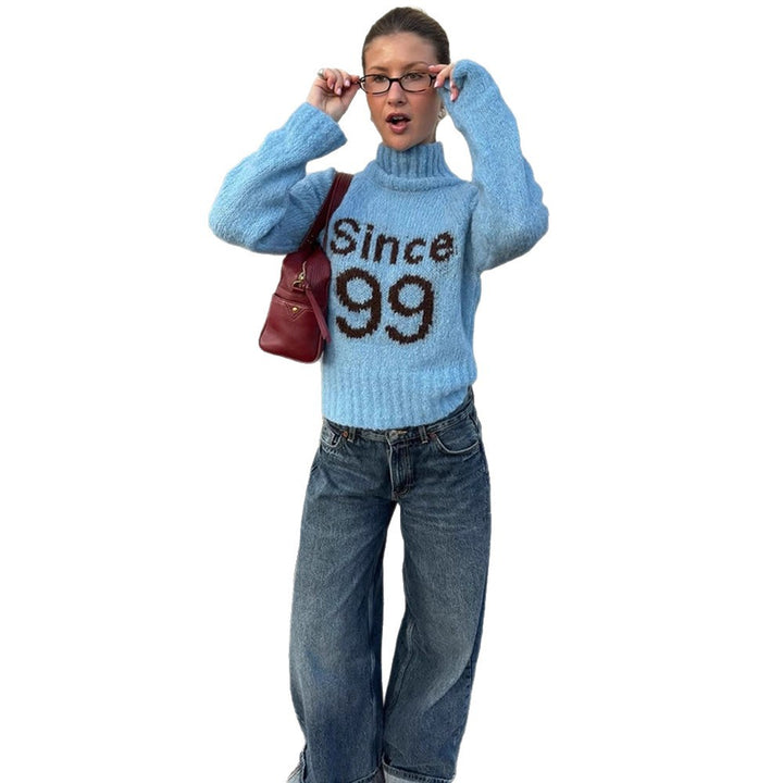 Women's cozy oversized mohair sweater with high roll neck and statement logo Mune Fashion