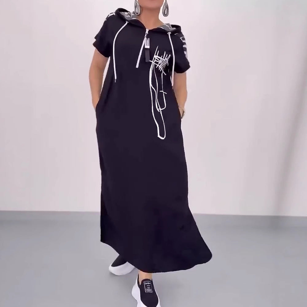 Women's casual hooded kaftan dress in loose fit with short sleeve cut and abstract graphic pattern Mune Fashion