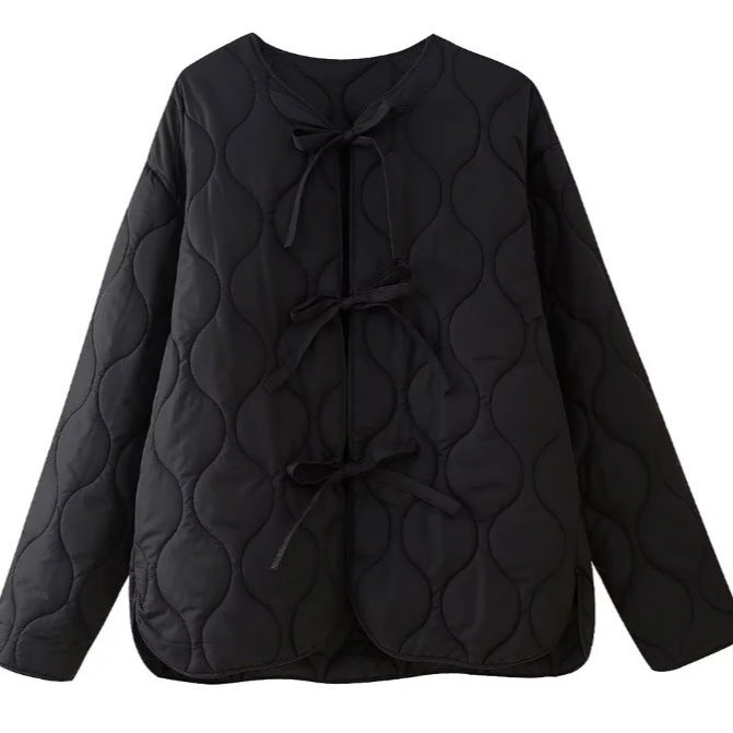 Women's Quilted Puffer Jacket with Ties and Round Neckline Mune Fashion