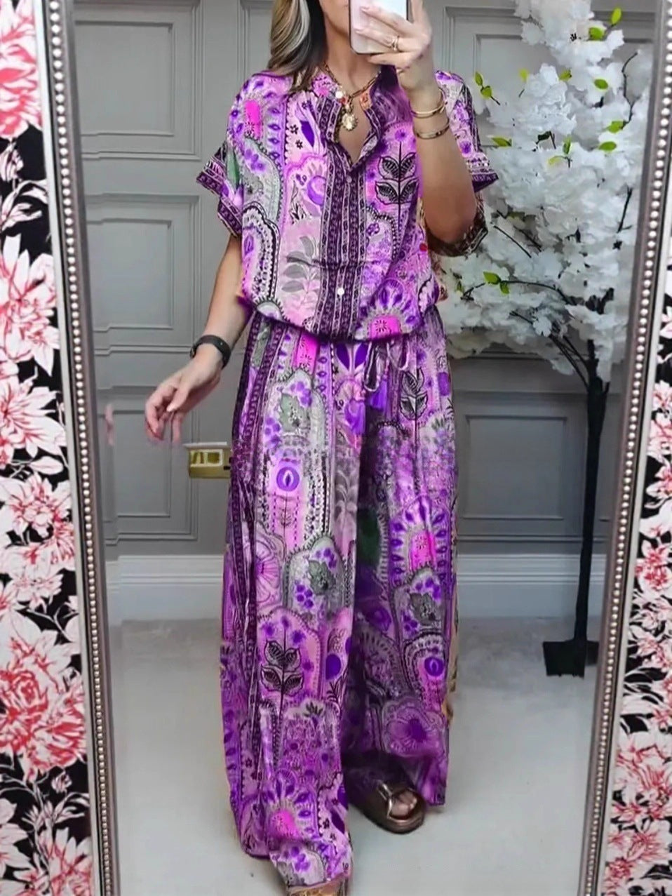Women's Boho two-piece made of lightweight viscose with short-sleeve blouse, button placket, drawstring waistband, and wide palazzo pants Mune Fashion