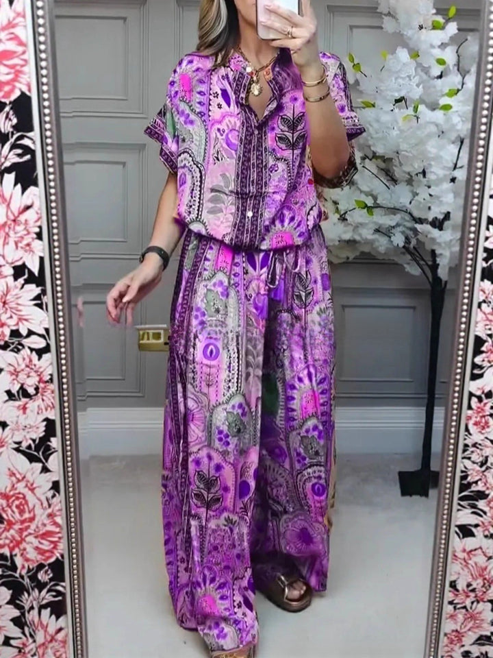 Women's Boho two-piece made of lightweight viscose with short-sleeve blouse, button placket, drawstring waistband, and wide palazzo pants Mune Fashion