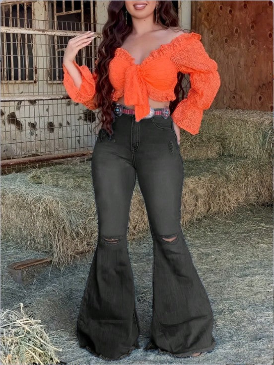 Women's High-Waisted Flared Jeans with Flared Leg, Knee Rips, and Figure-Enhancing Stretch Waistband Mune Fashion
