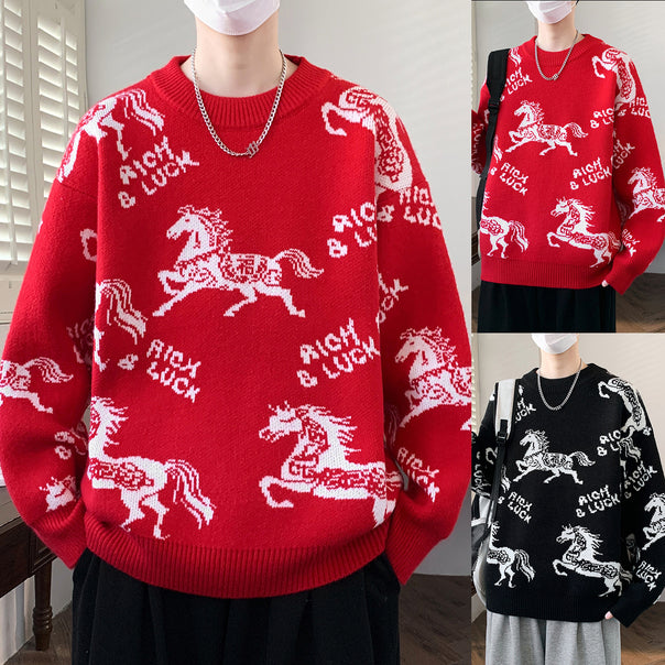 Men's Playful Chunky Knit Sweater with Horse Motif Mune Fashion