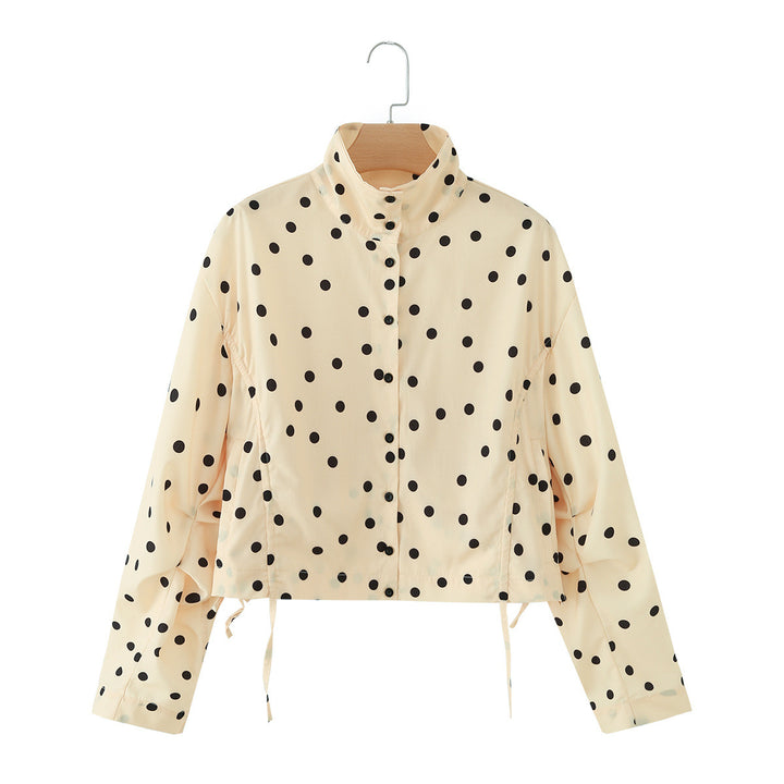 Women Polka Dot Cropped Blouson Jacket with Stand Collar and Drawstring Mune Fashion