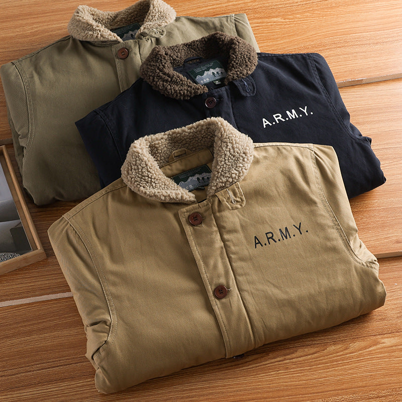 Men's military-inspired canvas jacket with teddy collar, insulating inner lining, and drawstring hood