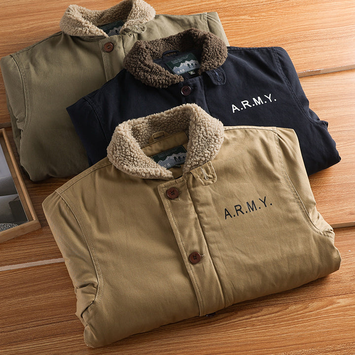 Men's military-inspired canvas jacket with teddy collar, insulating inner lining, and drawstring hood