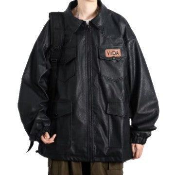 Unisex Oversized Utility Faux Leather Jacket with Multiple Flap Pockets Mune Fashion