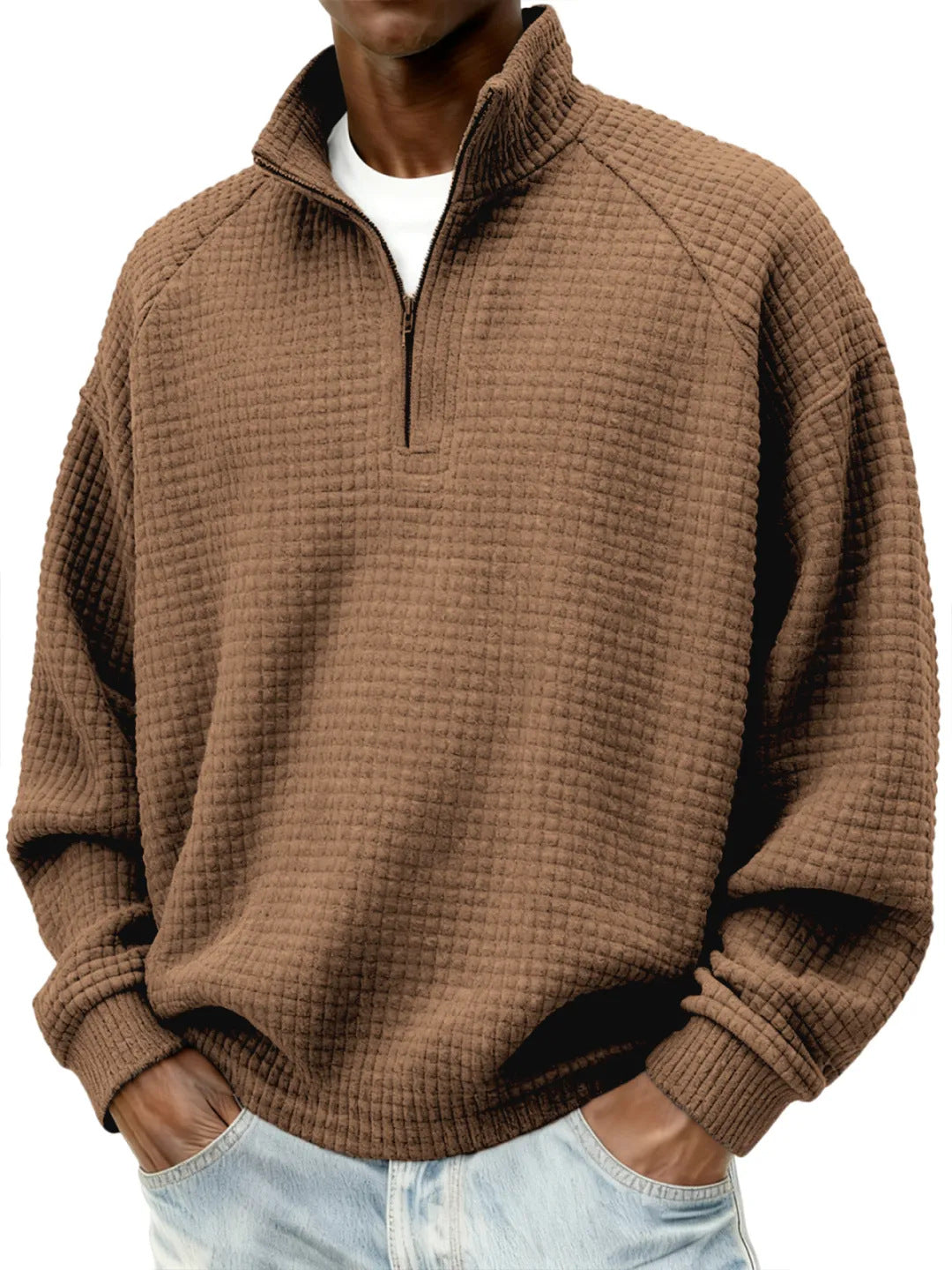 Men's Waffle Knit Oversized Sweater with Half-Zip and Stand-Up Collar Mune Fashion