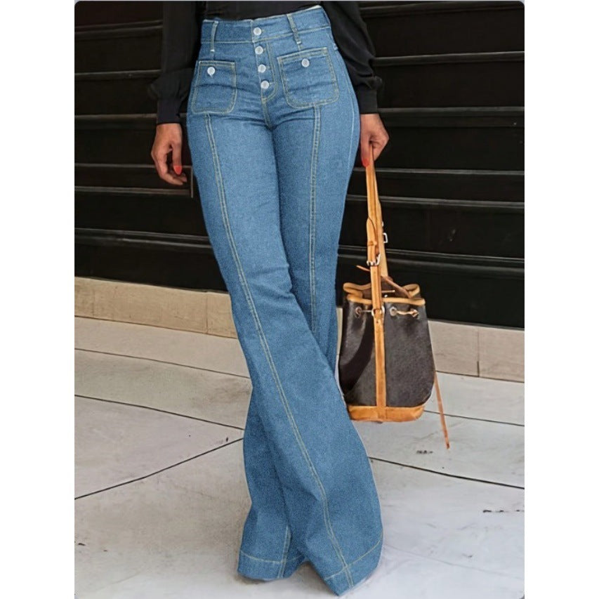 Ladies High-Waisted Flared Jeans with visible center seam, button closure, and patch front pockets Mune Fashion