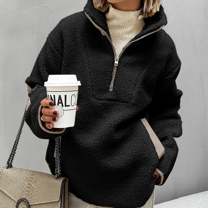 Women's Oversized Sherpa-Fleece Pullover with Half Zipper and Kangaroo Pocket Mune Fashion