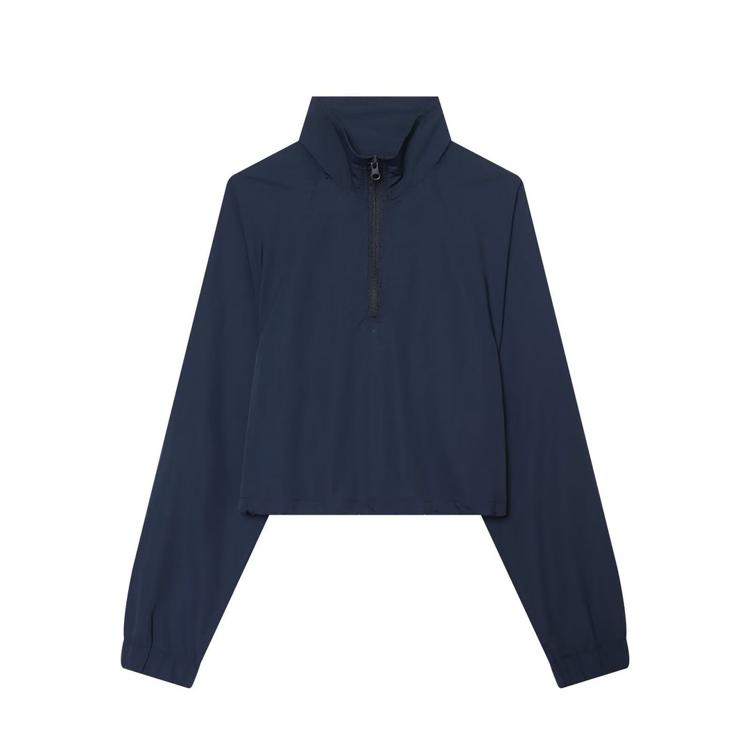Women's Short Cut Windbreaker with Half Zipper, High Stand Collar and Drawstring