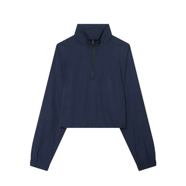Women's Short Cut Windbreaker with Half Zipper, High Stand Collar and Drawstring