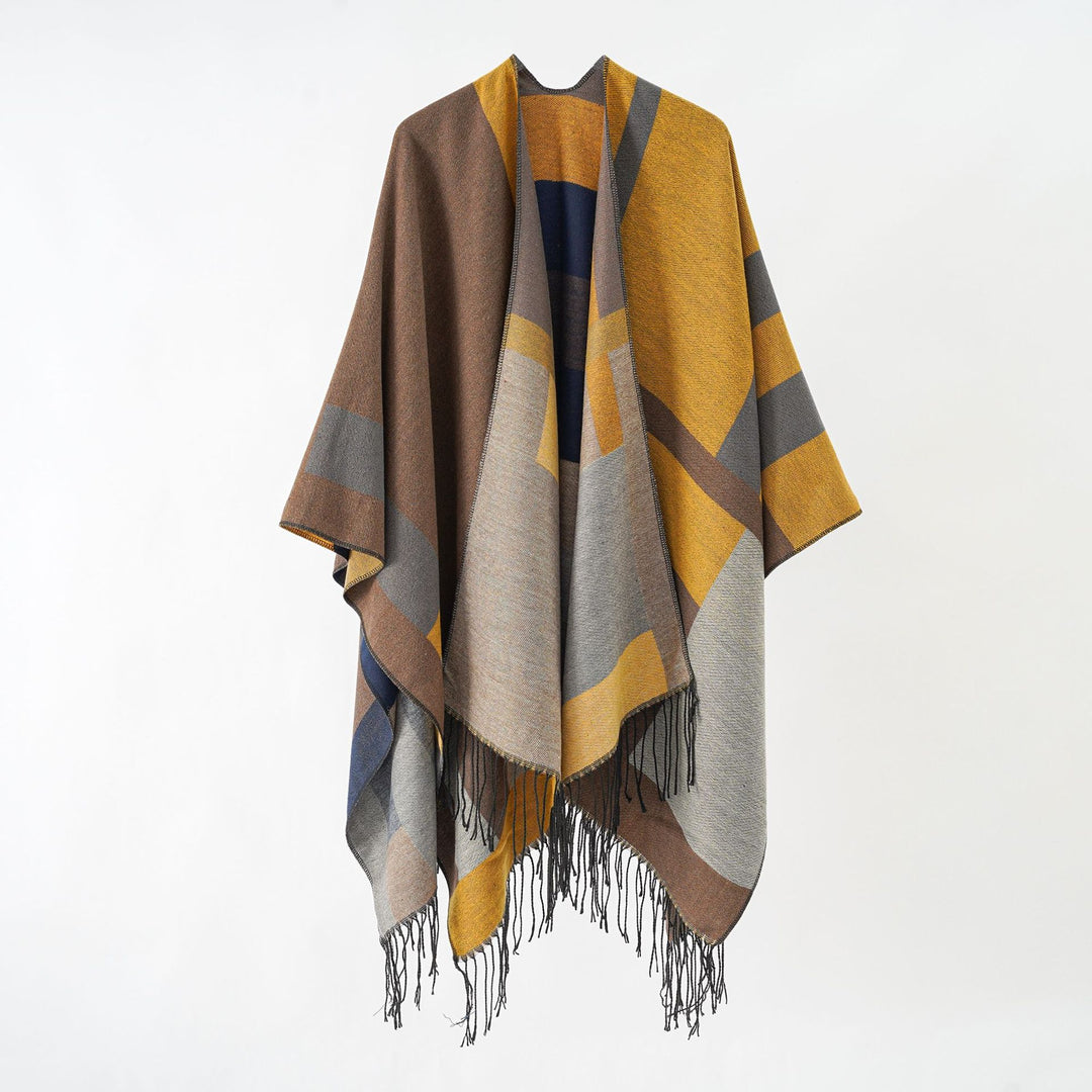 Women's jacquard wrap poncho in cape cut with fine fringe hem Mune Fashion