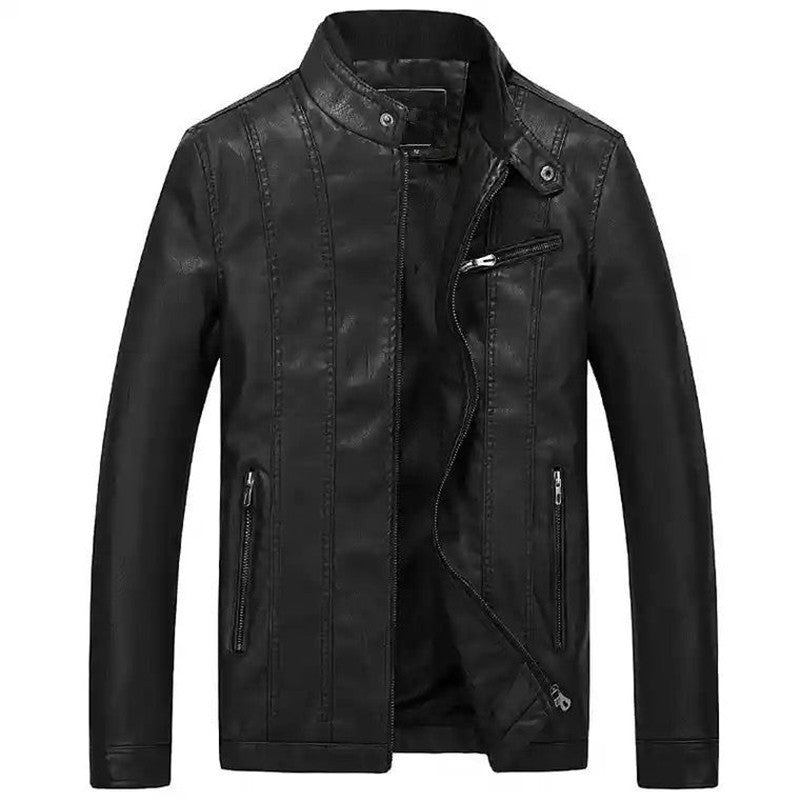 Men's Slim-Fit Faux Leather Jacket in Biker Style with Stand Collar and Vertical Decorative Seams Mune Fashion