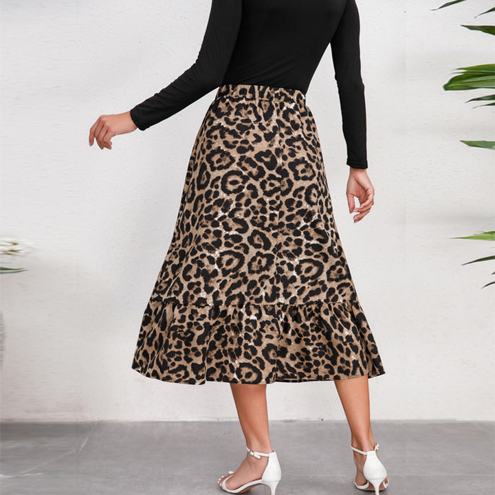 Ladies midi skirt with elastic waistband, leopard print and frill trim Mune Fashion