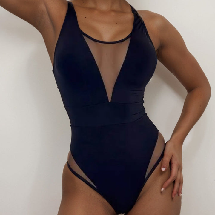 Women High-neck Monokini with Transparent Mesh Details Mune Fashion