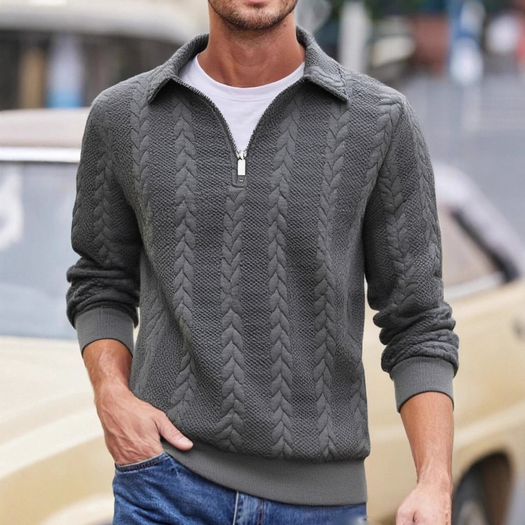 Men's fine structured cable knit sweater with short zipper and Kent collar Mune Fashion
