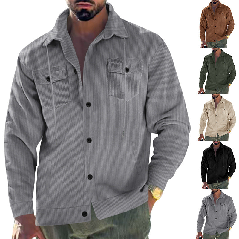 Men's cord jacket with stand-up collar, drawstring, continuous button placket, and applied chest flaps Mune Fashion