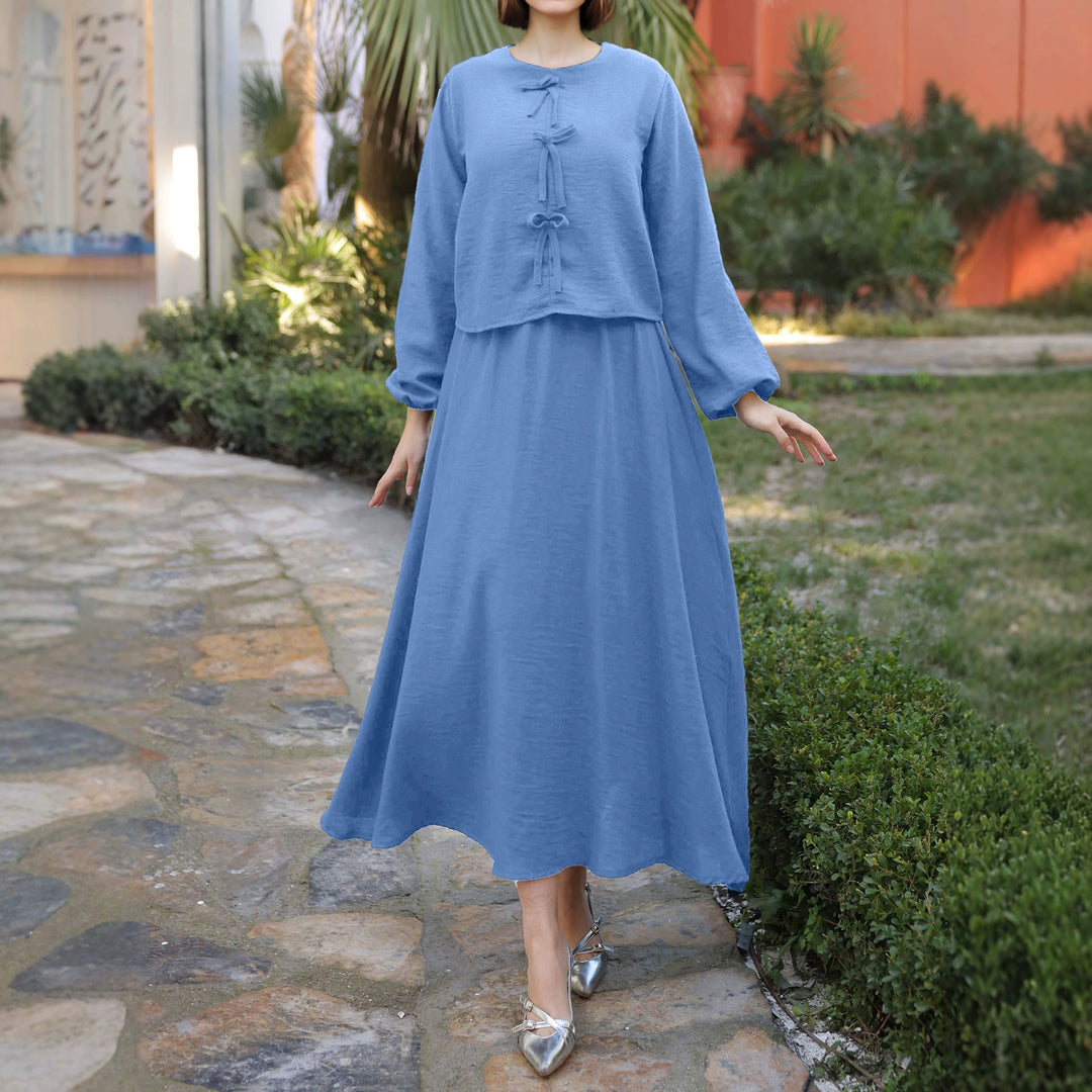 Ladies Long Two-Piece Maxi Dress with Overlay, Round Neck and Decorative Knot
