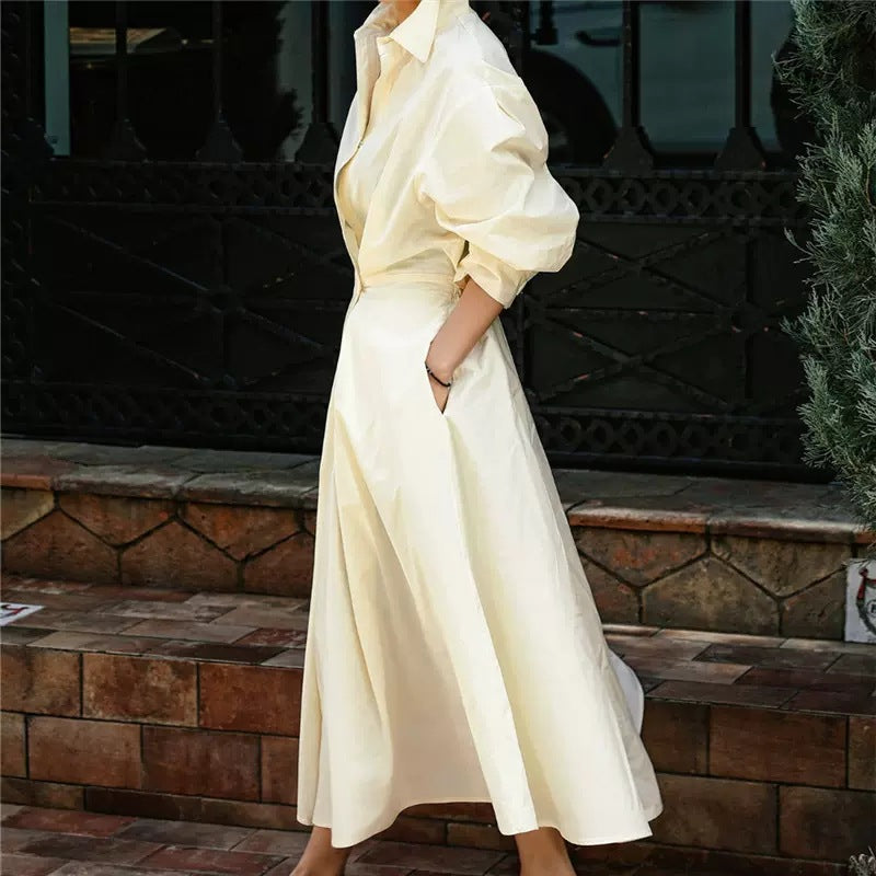 Women's shirt blouse maxi dress with tailored blouson silhouette, bell skirt and concealed side pockets Mune Fashion