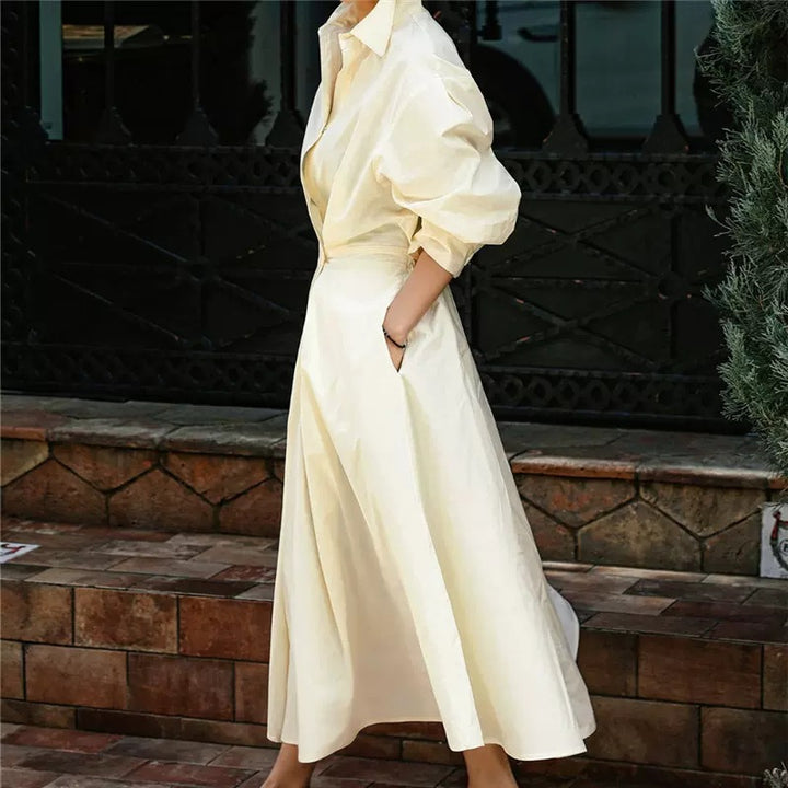 Women's shirt blouse maxi dress with tailored blouson silhouette, bell skirt and concealed side pockets Mune Fashion