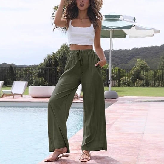 Women's Loose Relaxed Trousers made of Linen Blend with Drawstring and Side Pockets Drune