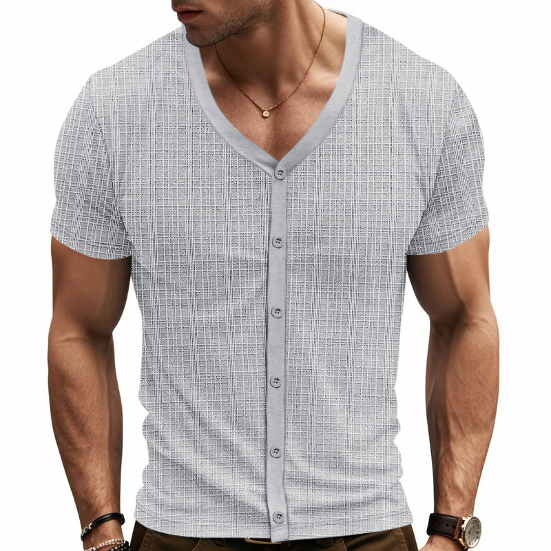 Men's short-sleeve fine knit cardigan with V-neck and continuous button placket Mune Fashion