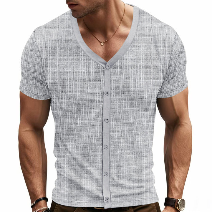 Men's short-sleeve fine knit cardigan with V-neck and continuous button placket Mune Fashion