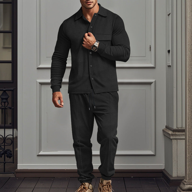 Men's urban lounge two-piece set with shirt jacket, chest pocket, and drawstring joggers made of textured cotton blend Mune Fashion